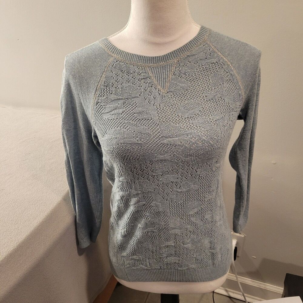 Anthropologie Moth Empyrean Pointelle Sweater XS Raglan Lace Knit Blue